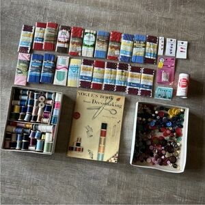 Huge Lot VTG Sewing Buttons Piping Thread Assorted Vogue Dressmaker Book Bundle